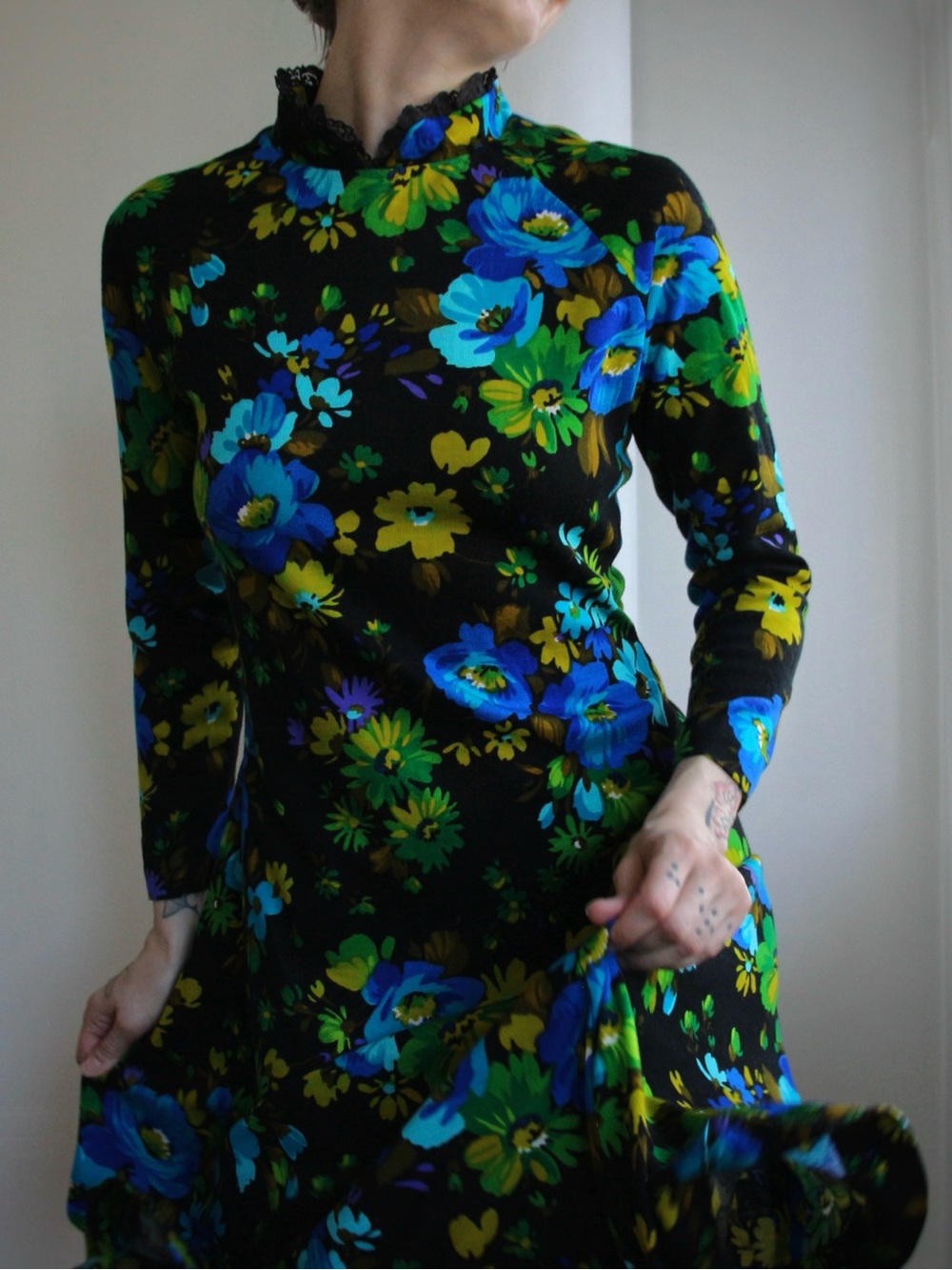 1970's Mod Floral Double Poly Knit Sheath Dress